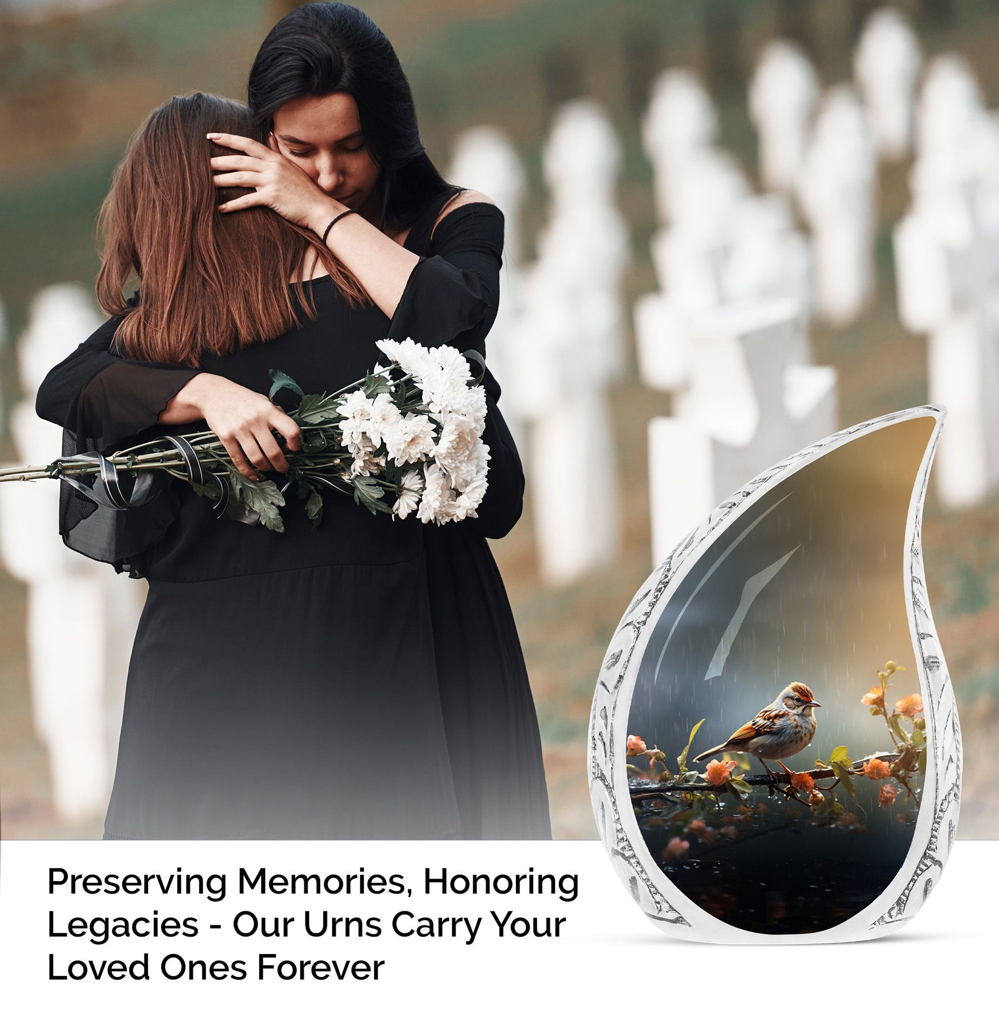 Large Cremation Urn for Adult Human Ashes featuring a Red Sparrow and Yellow Flowers, Unique Burial Urn
