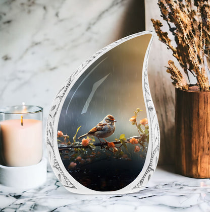 Large Cremation Urn for Adult Human Ashes featuring a Red Sparrow and Yellow Flowers, Unique Burial Urn