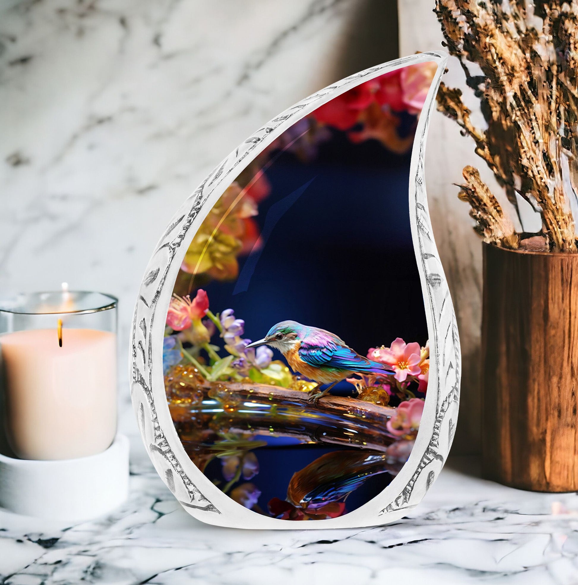 Large sparrow urn featuring a glass sparrow perched on red flowers, suitable for burial or as a cremation urn for ashes.