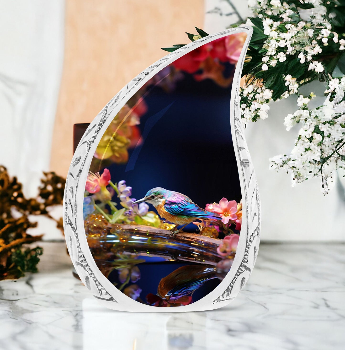 Large sparrow urn featuring a glass sparrow perched on red flowers, suitable for burial or as a cremation urn for ashes.