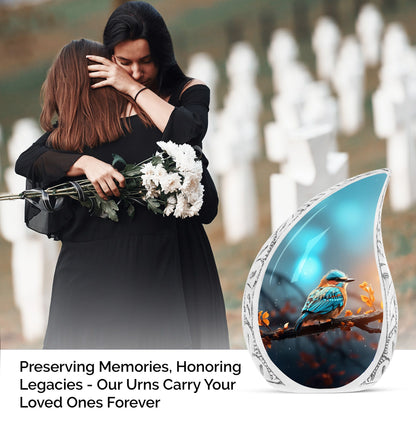 Colorful sparrow memorial urn with elegant red leafs, ideal for storing ashes for both men and women