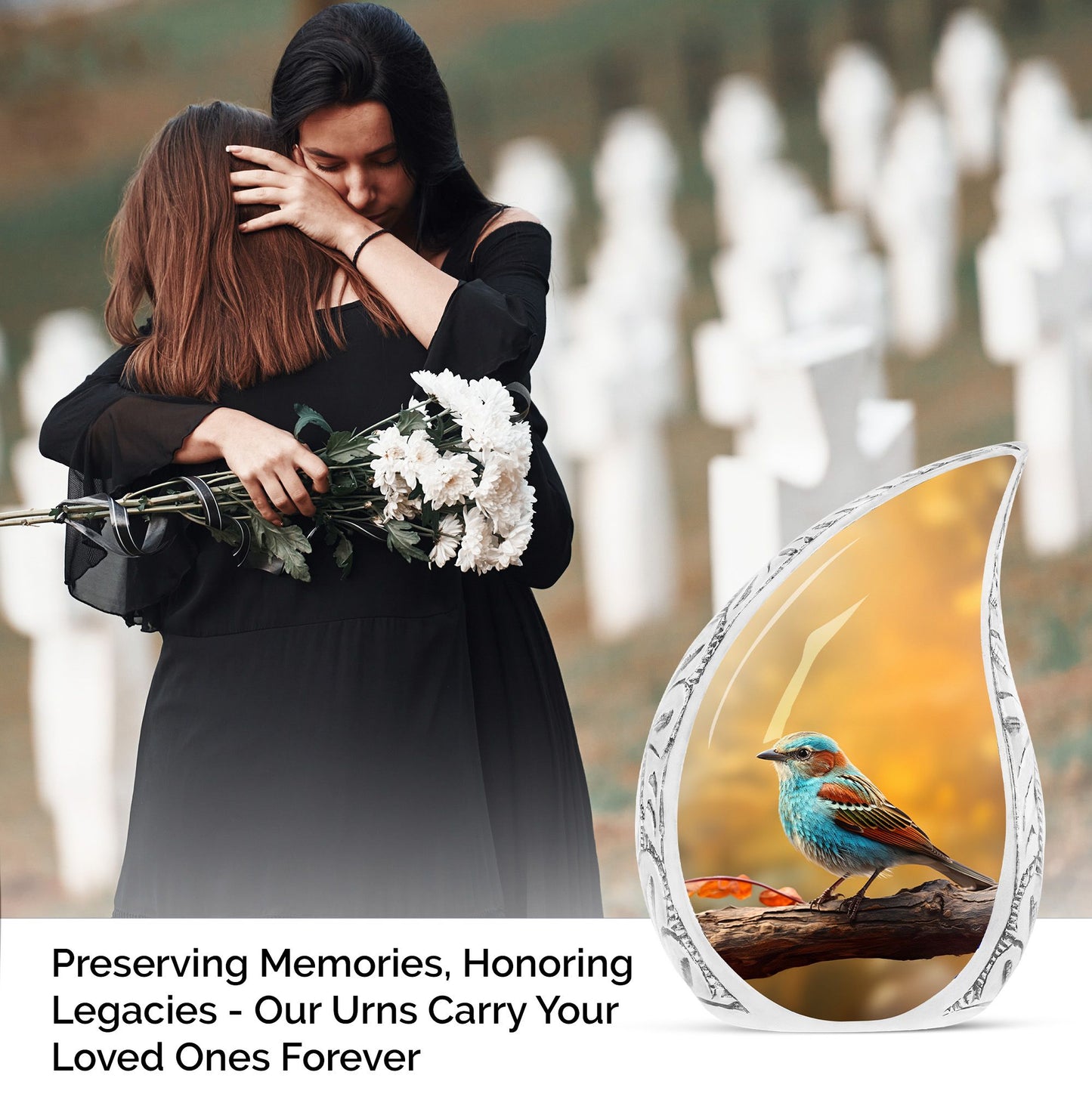 Large, colorful Sparrow themed urn for adults, a unique metal cremation urn designed for women to securely hold human ashes.