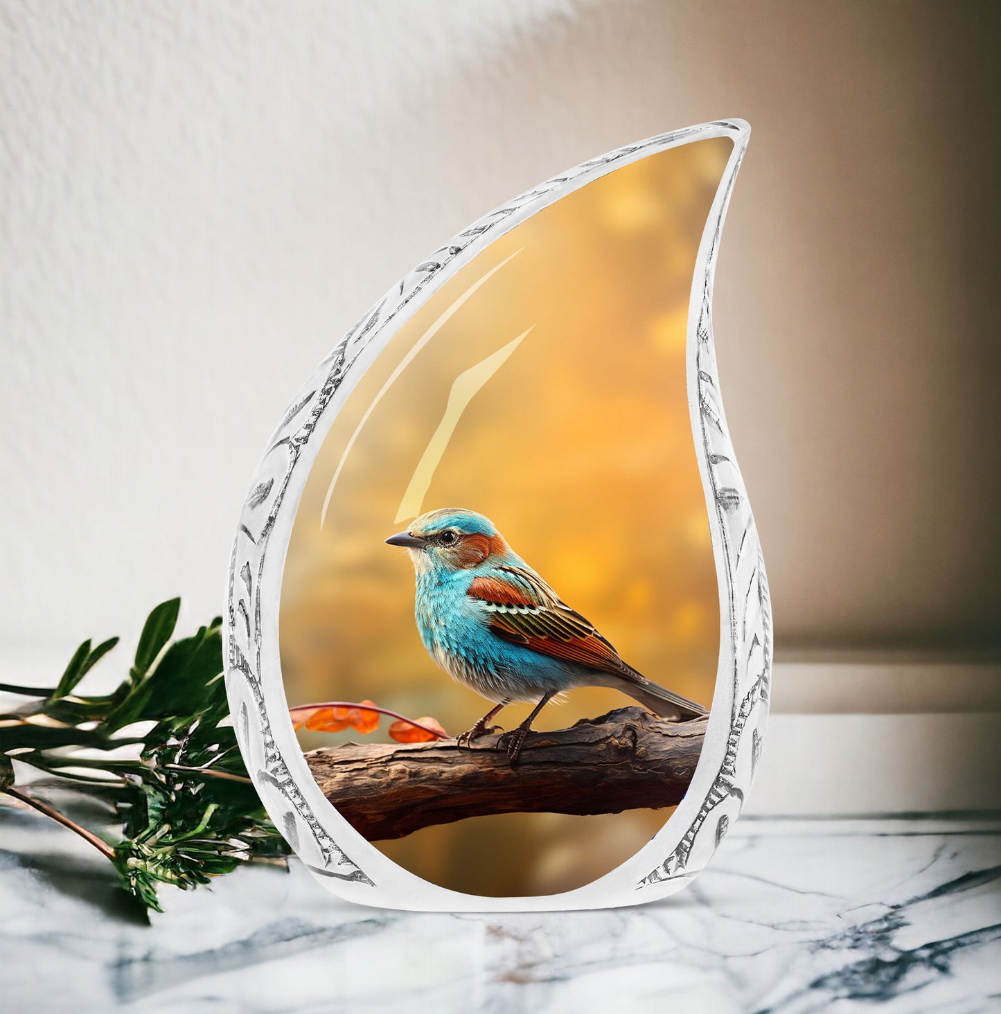 Large, colorful Sparrow themed urn for adults, a unique metal cremation urn designed for women to securely hold human ashes.