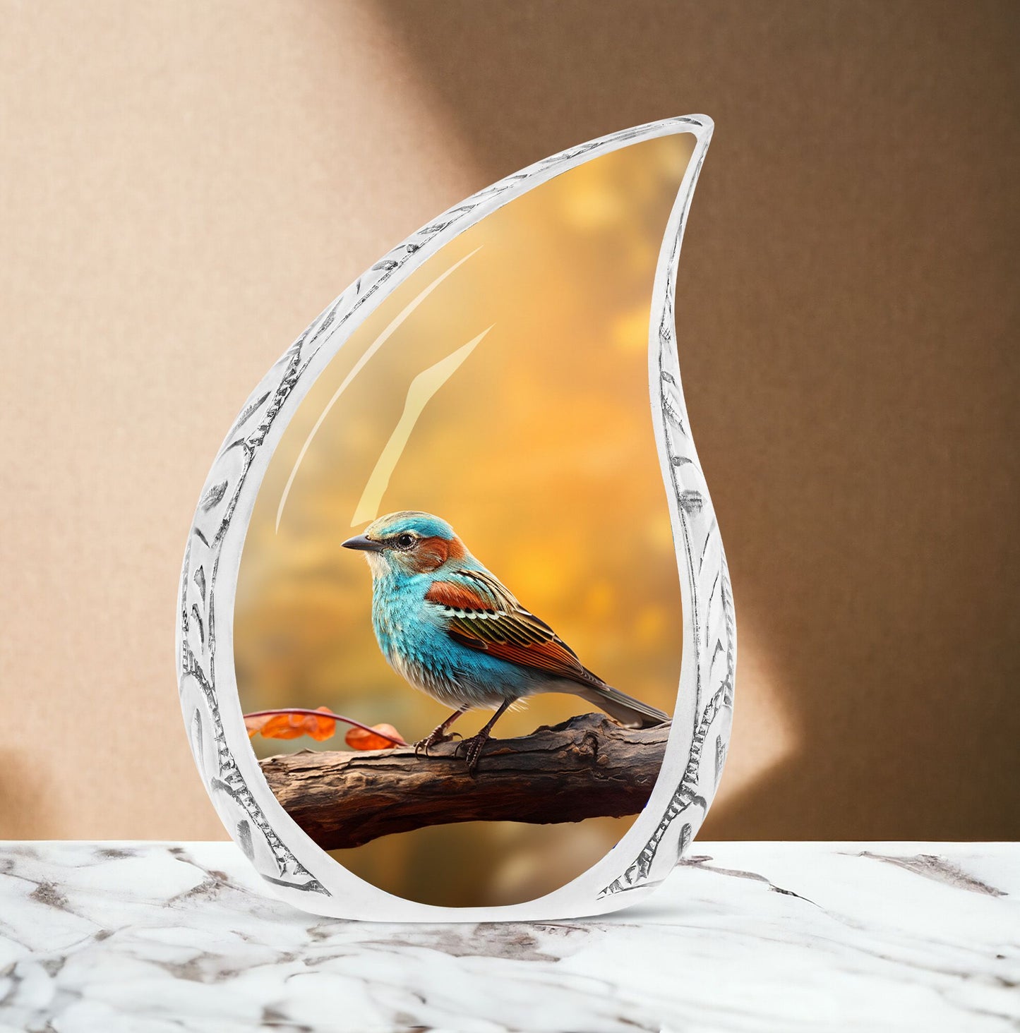 Large, colorful Sparrow themed urn for adults, a unique metal cremation urn designed for women to securely hold human ashes.