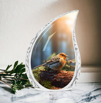 Large Sparrow Urn for Adults, artistic design of a puffy sparrow perched on tree branch, unique resting place for adult male ashes