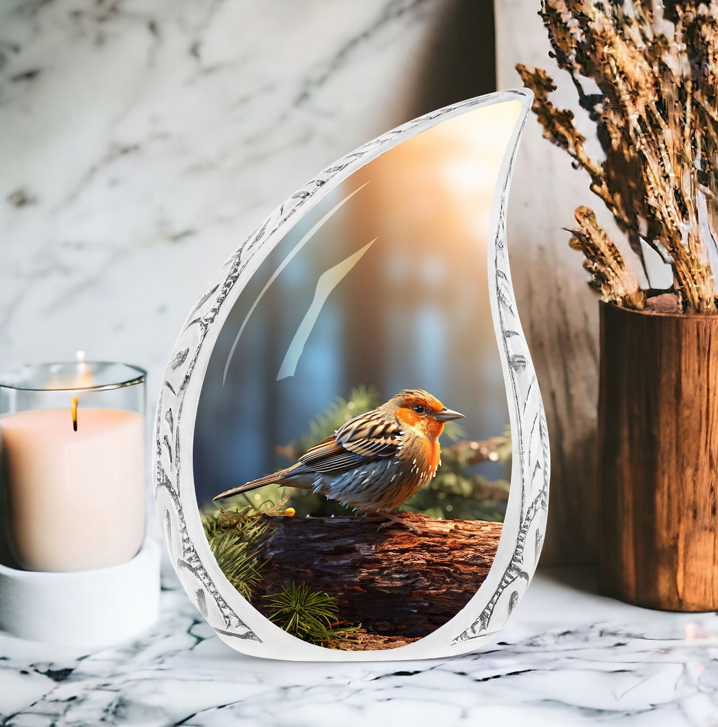 Large Sparrow Urn for Adults, artistic design of a puffy sparrow perched on tree branch, unique resting place for adult male ashes