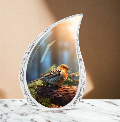 Large Sparrow Urn for Adults, artistic design of a puffy sparrow perched on tree branch, unique resting place for adult male ashes