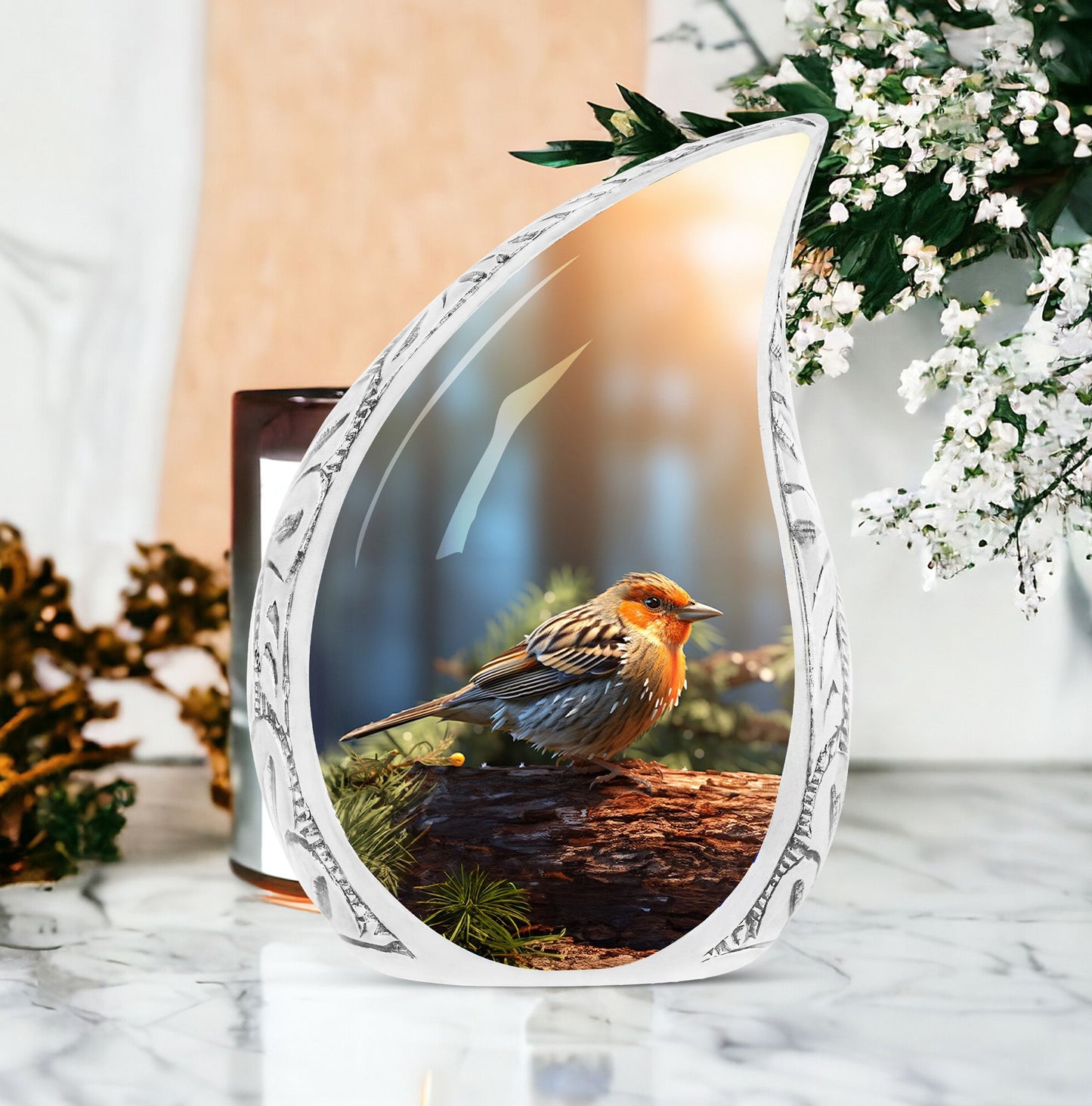 Large Sparrow Urn for Adults, artistic design of a puffy sparrow perched on tree branch, unique resting place for adult male ashes