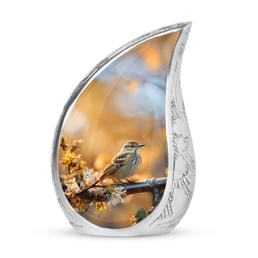 Beautiful Sparrow design on large urn for ashes, perfect cremation container for adults