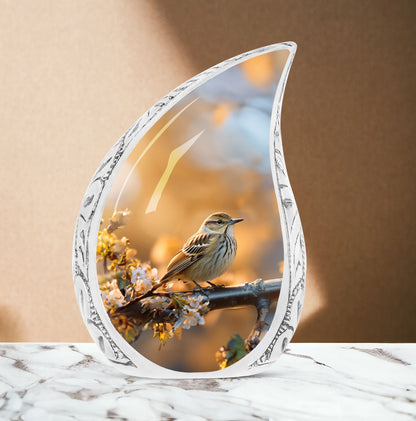 Beautiful Sparrow design on large urn for ashes, perfect cremation container for adults