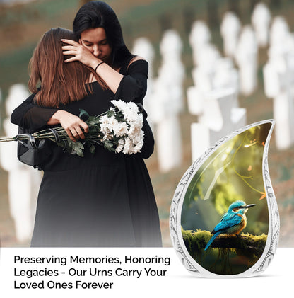 Large blue sparrow urn amidst green forest, designed for human ashes, suitable for funeral and cremation needs