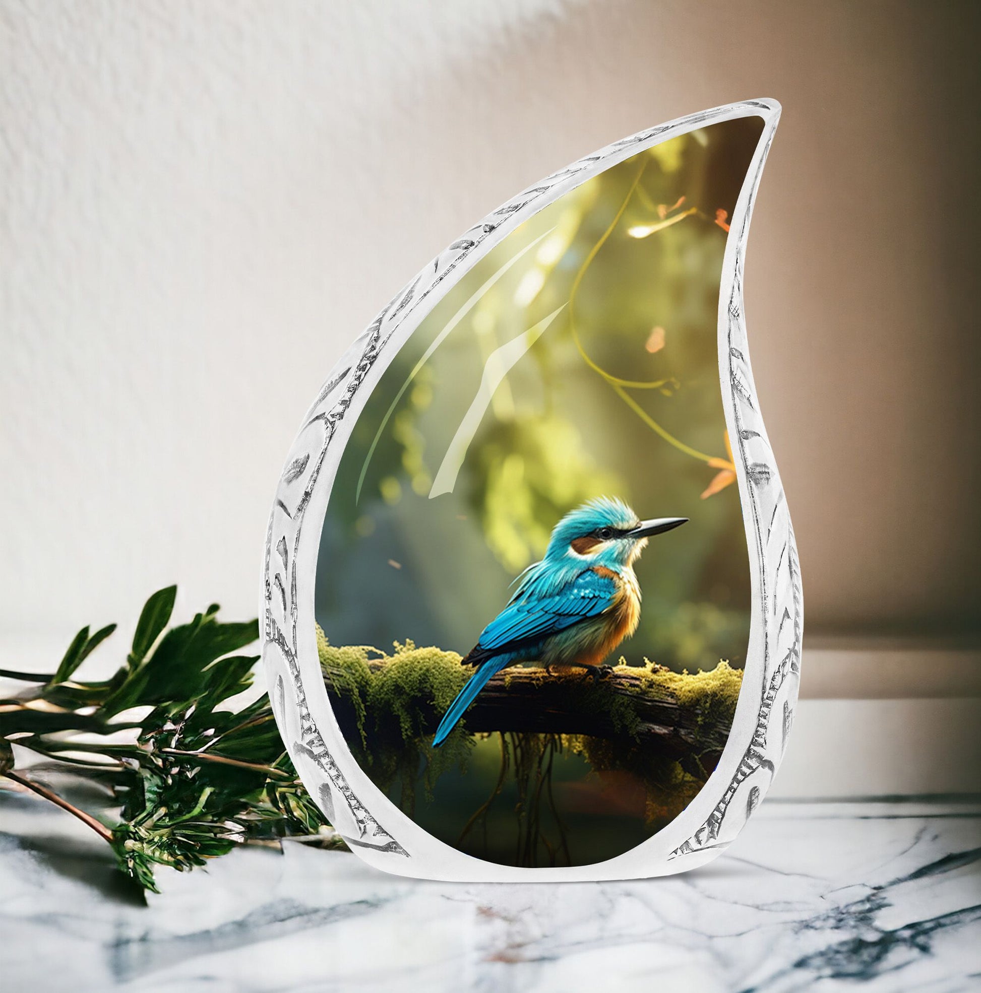 Large blue sparrow urn amidst green forest, designed for human ashes, suitable for funeral and cremation needs