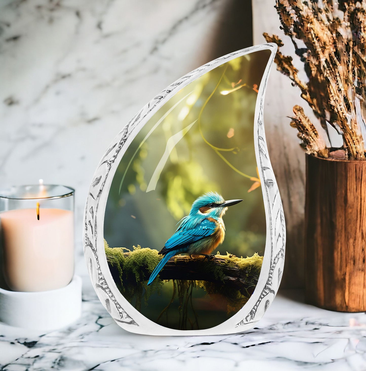 Large blue sparrow urn amidst green forest, designed for human ashes, suitable for funeral and cremation needs
