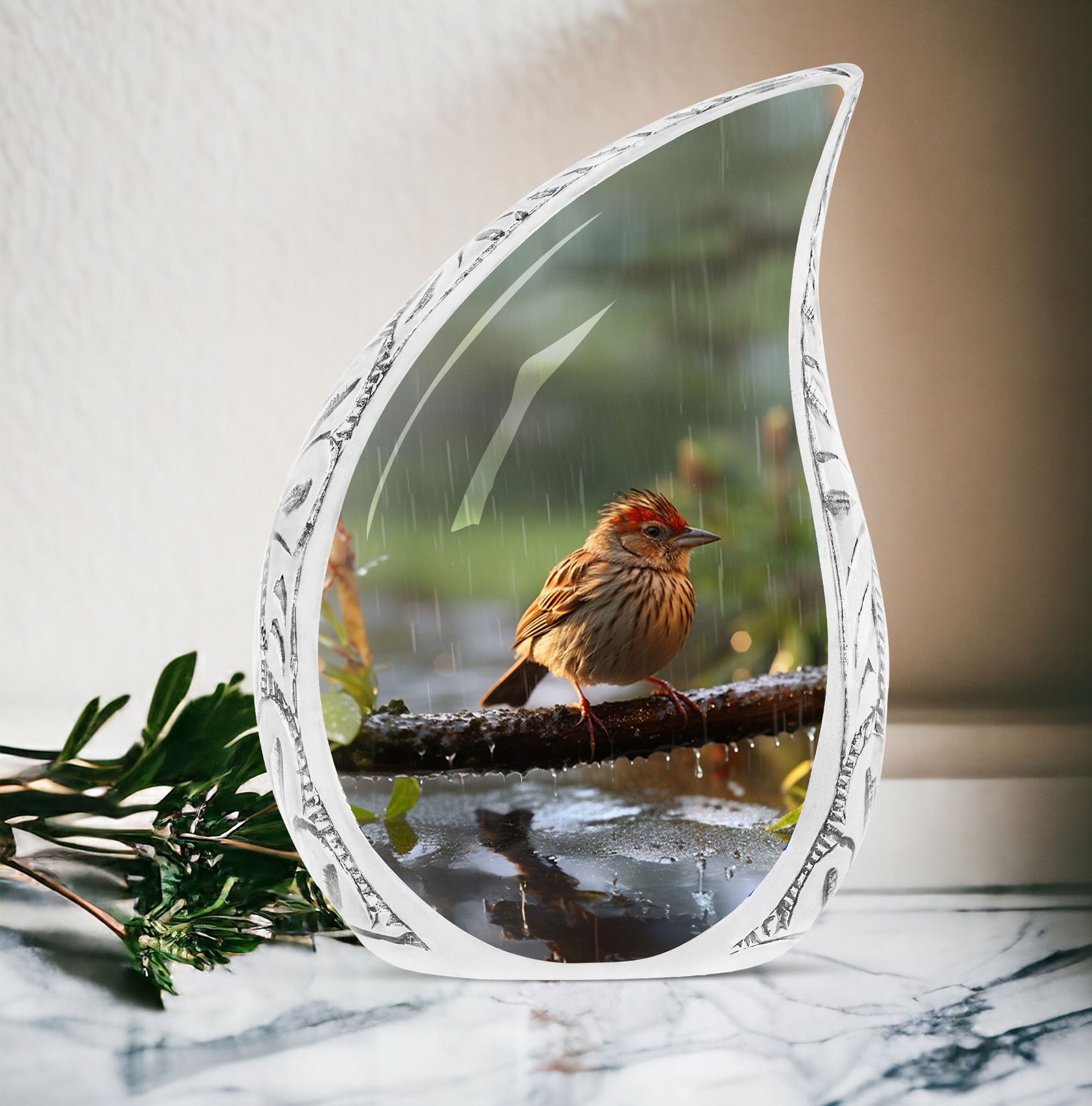 Large Sparrow in Rain themed cremation urn for adult human ashes, suitable for men