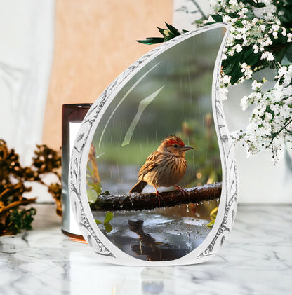Large Sparrow in Rain themed cremation urn for adult human ashes, suitable for men