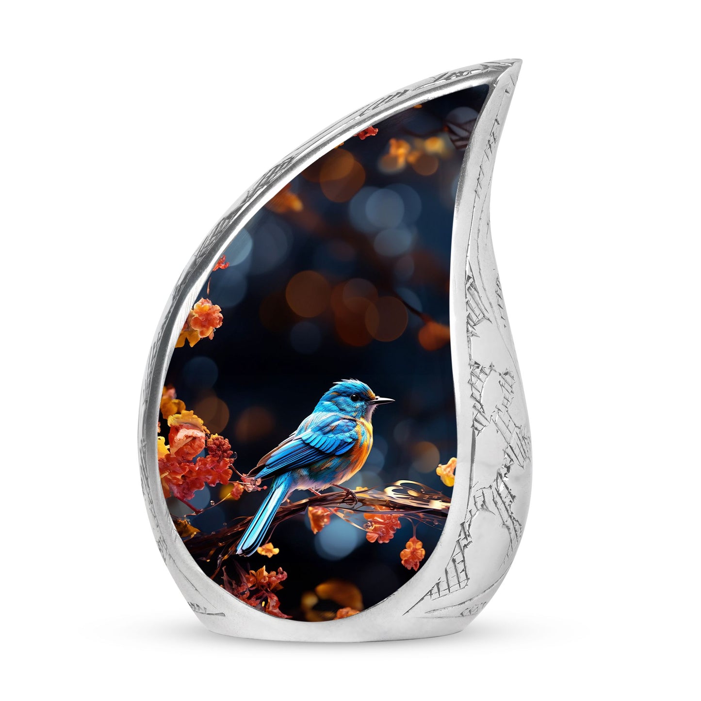 Blue Sparrow resting on branch, Large Sparrow-themed Decorative Funeral Urn