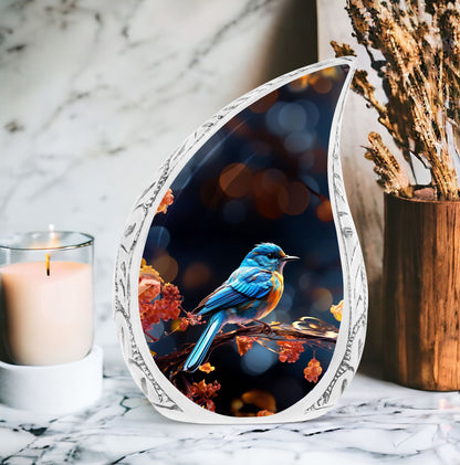 Blue Sparrow resting on branch, Large Sparrow-themed Decorative Funeral Urn