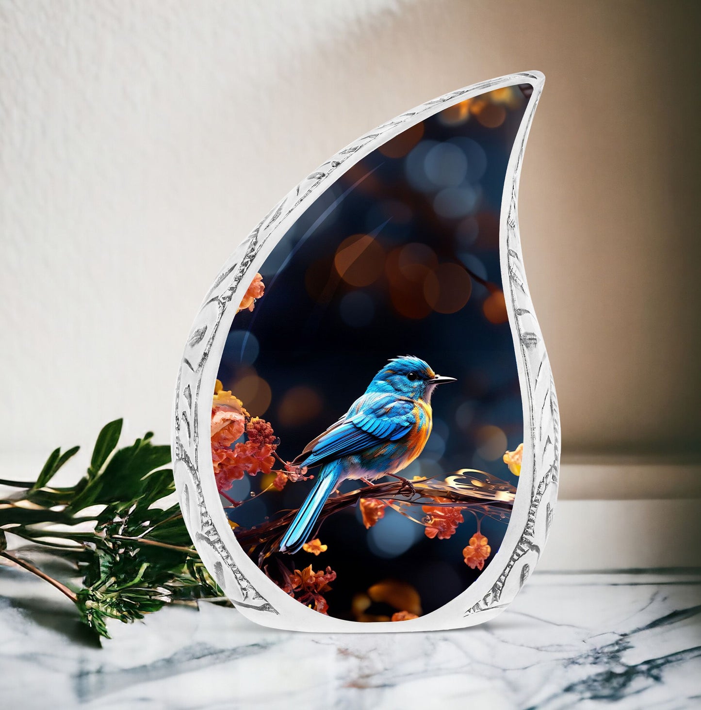 Blue Sparrow resting on branch, Large Sparrow-themed Decorative Funeral Urn