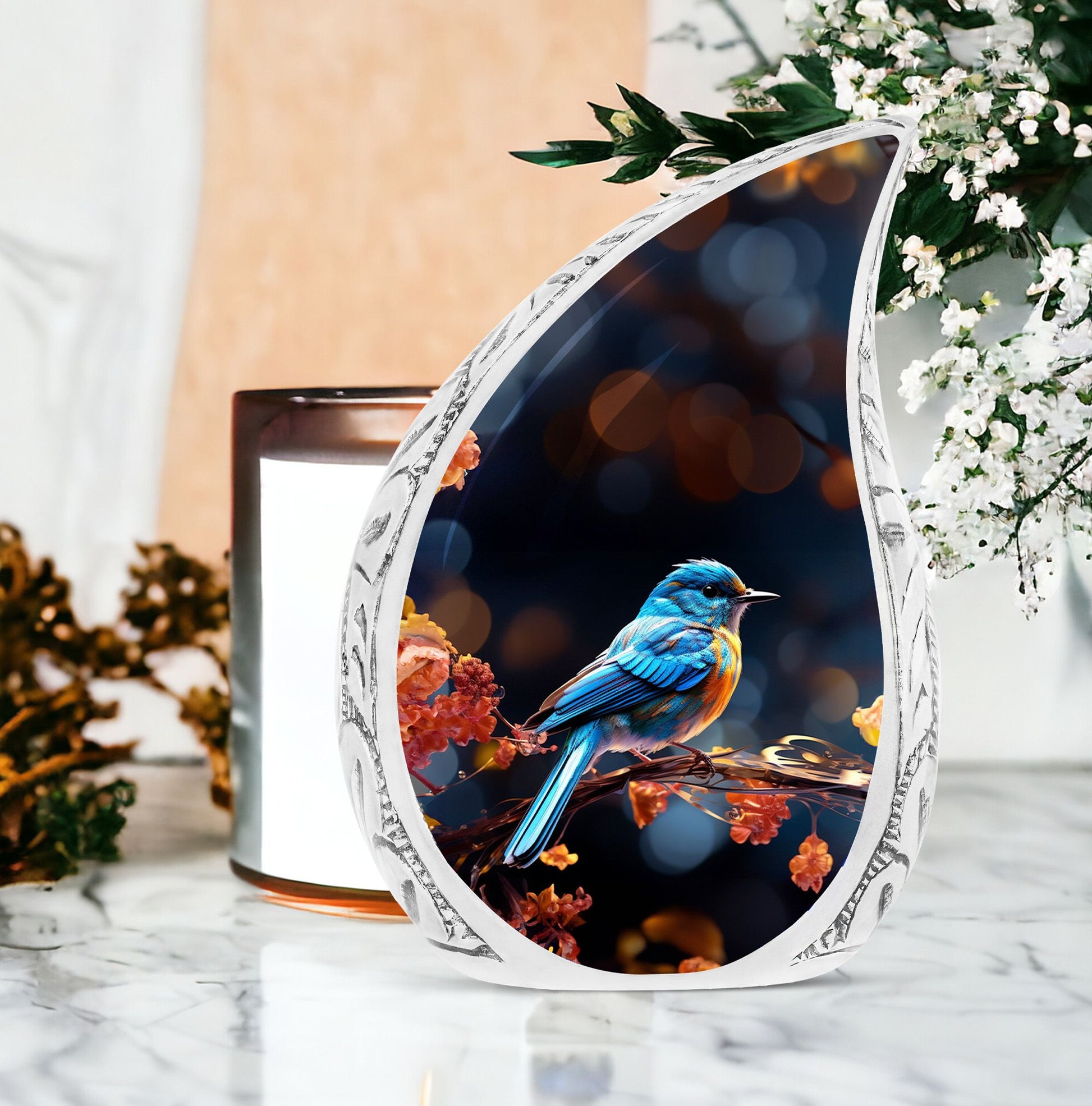 Blue Sparrow resting on branch, Large Sparrow-themed Decorative Funeral Urn