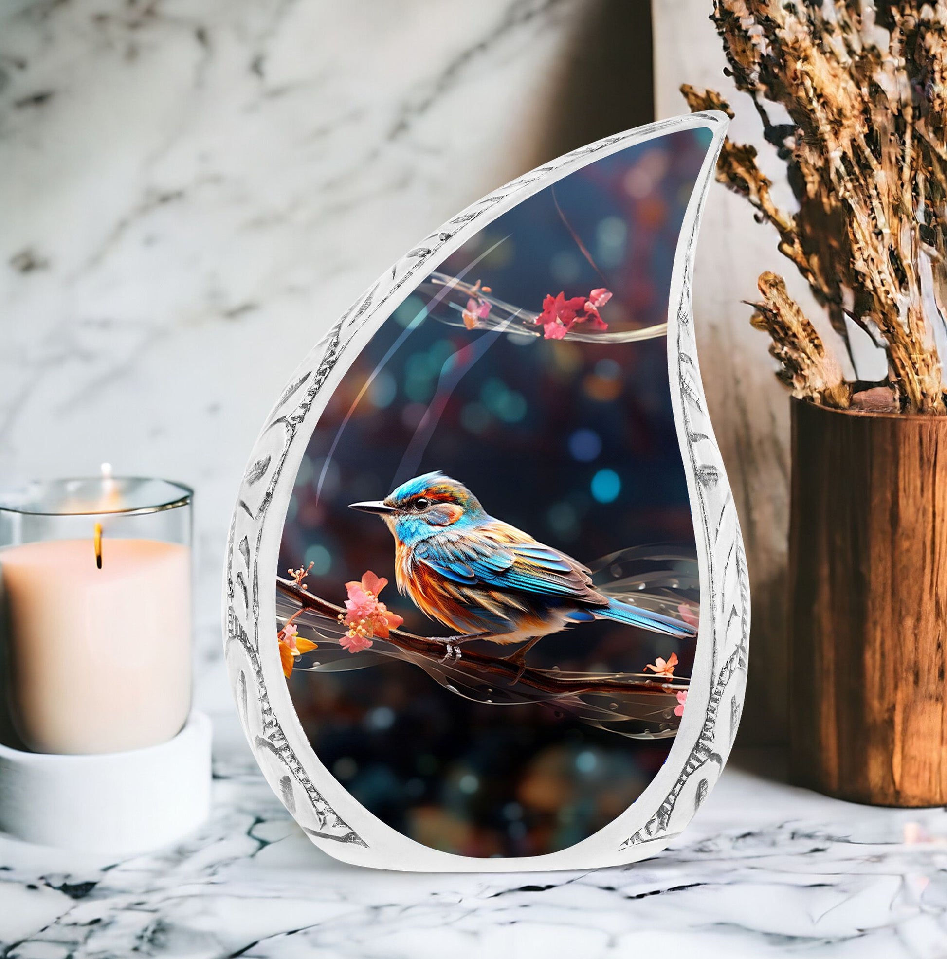 Large colorful sparrow urn for adult ashes, uniquely designed memorial cremation urn in branch theme