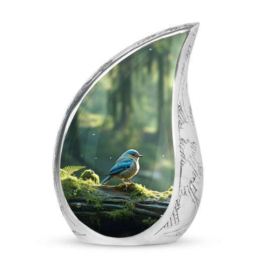 Large Blue Sparrow urn featured in a green forest setting, ideal for men's cremation purposes or companion urns