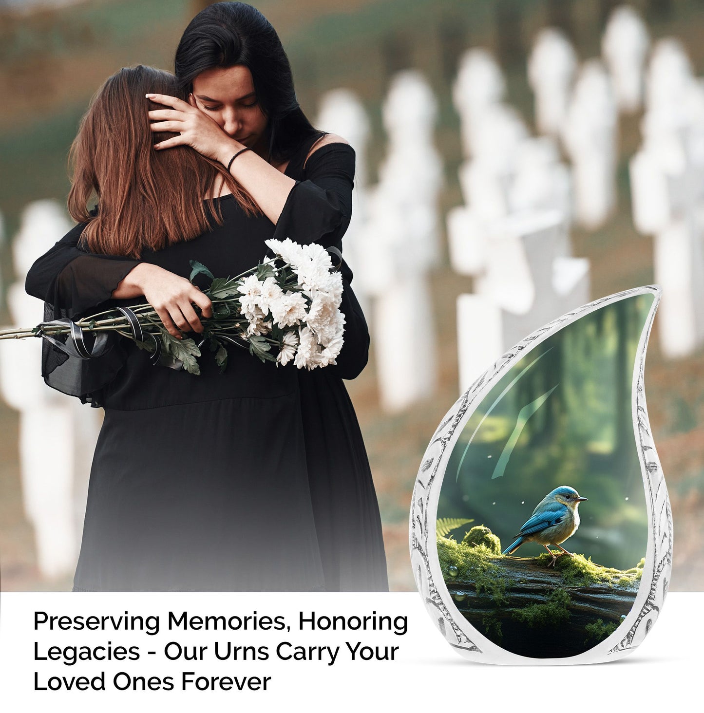 Large Blue Sparrow urn featured in a green forest setting, ideal for men's cremation purposes or companion urns