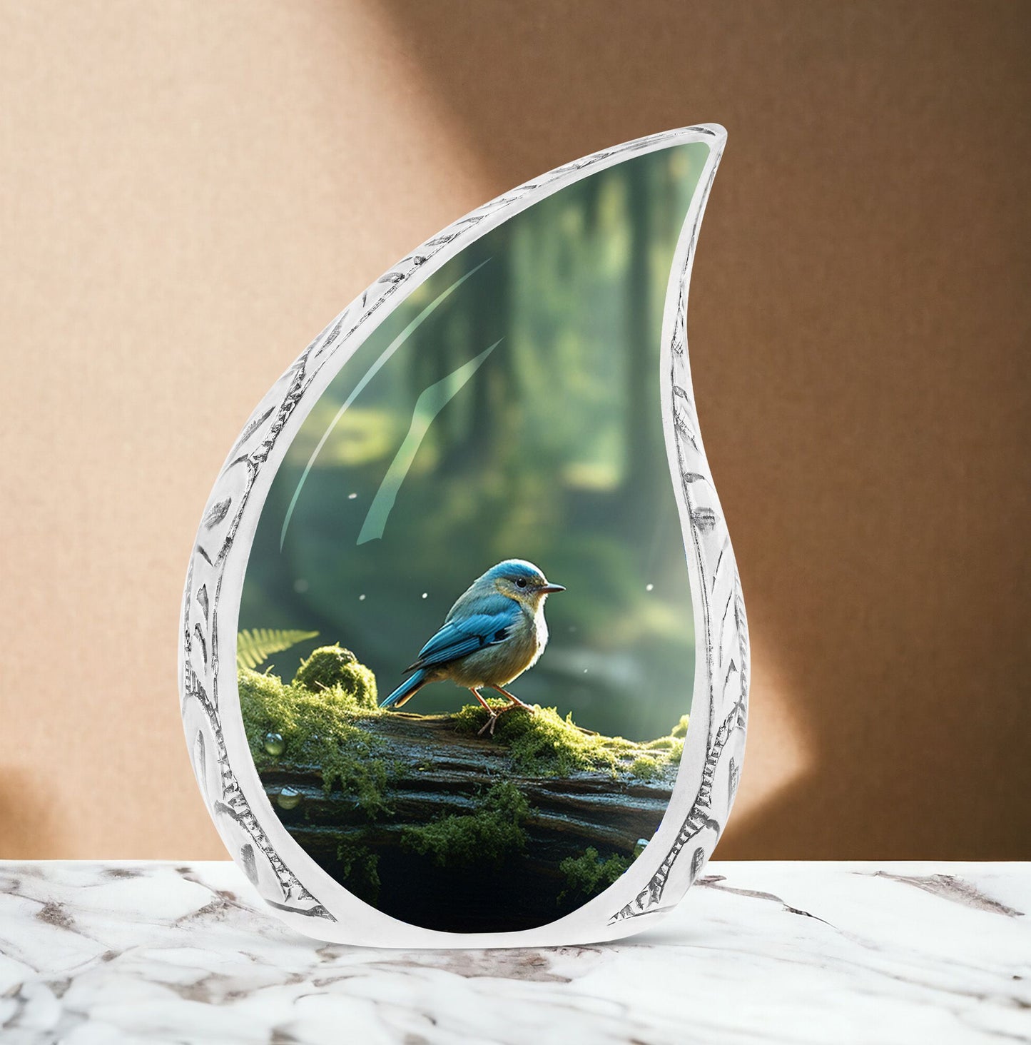 Large Blue Sparrow urn featured in a green forest setting, ideal for men's cremation purposes or companion urns