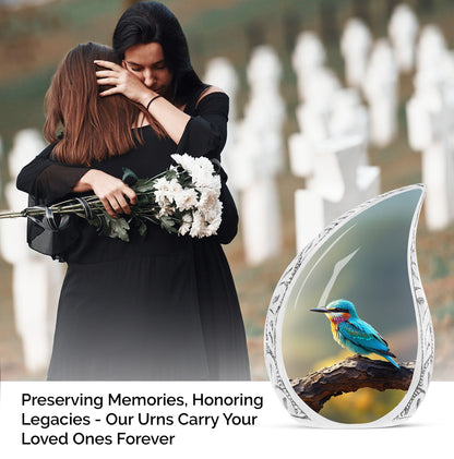 Large metal cremation urn with a green sparrow perched on a branch design, suitable for women's burial ashes