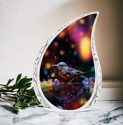 Large blue sparrow urn adorned with colorful flowers, suitable as a container for adult male or female human ashes, ideal as a unique and commemorating urn for Dad.