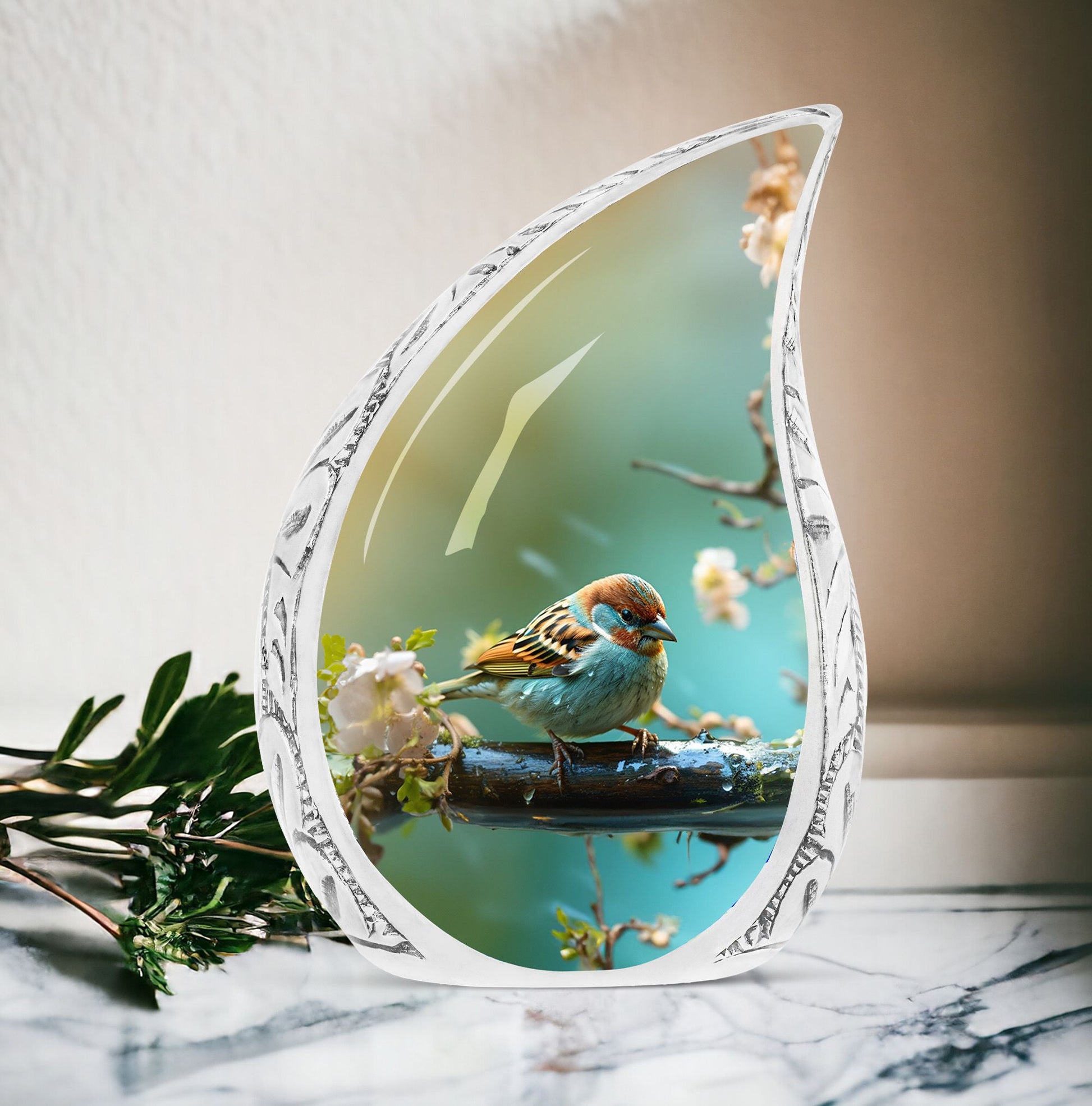 Large Golden Sparrow Urn for adult female ashes, uniquely designed resting place on a branch