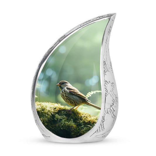 Green Sparrow large urn placed within a serene green forest, designed for human male adult ashes