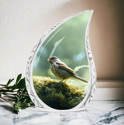 Green Sparrow large urn placed within a serene green forest, designed for human male adult ashes