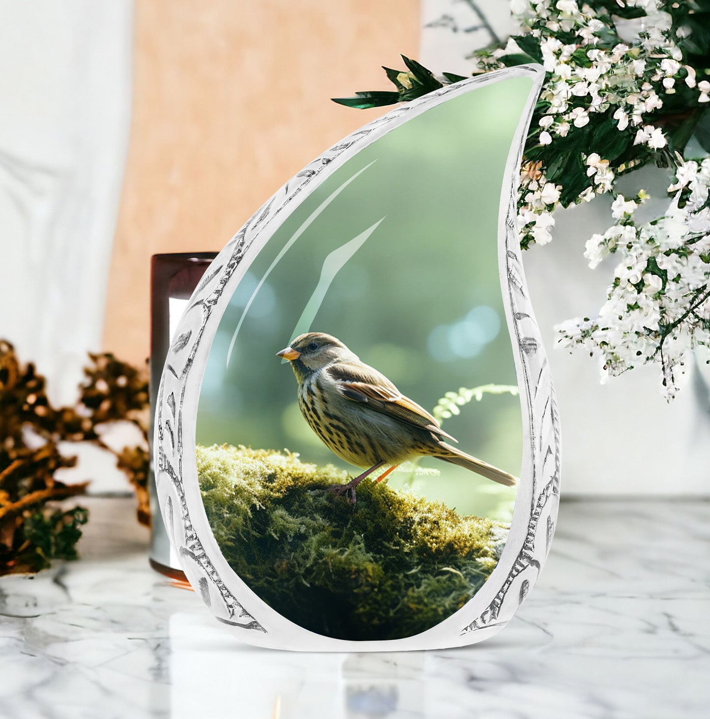 Green Sparrow large urn placed within a serene green forest, designed for human male adult ashes