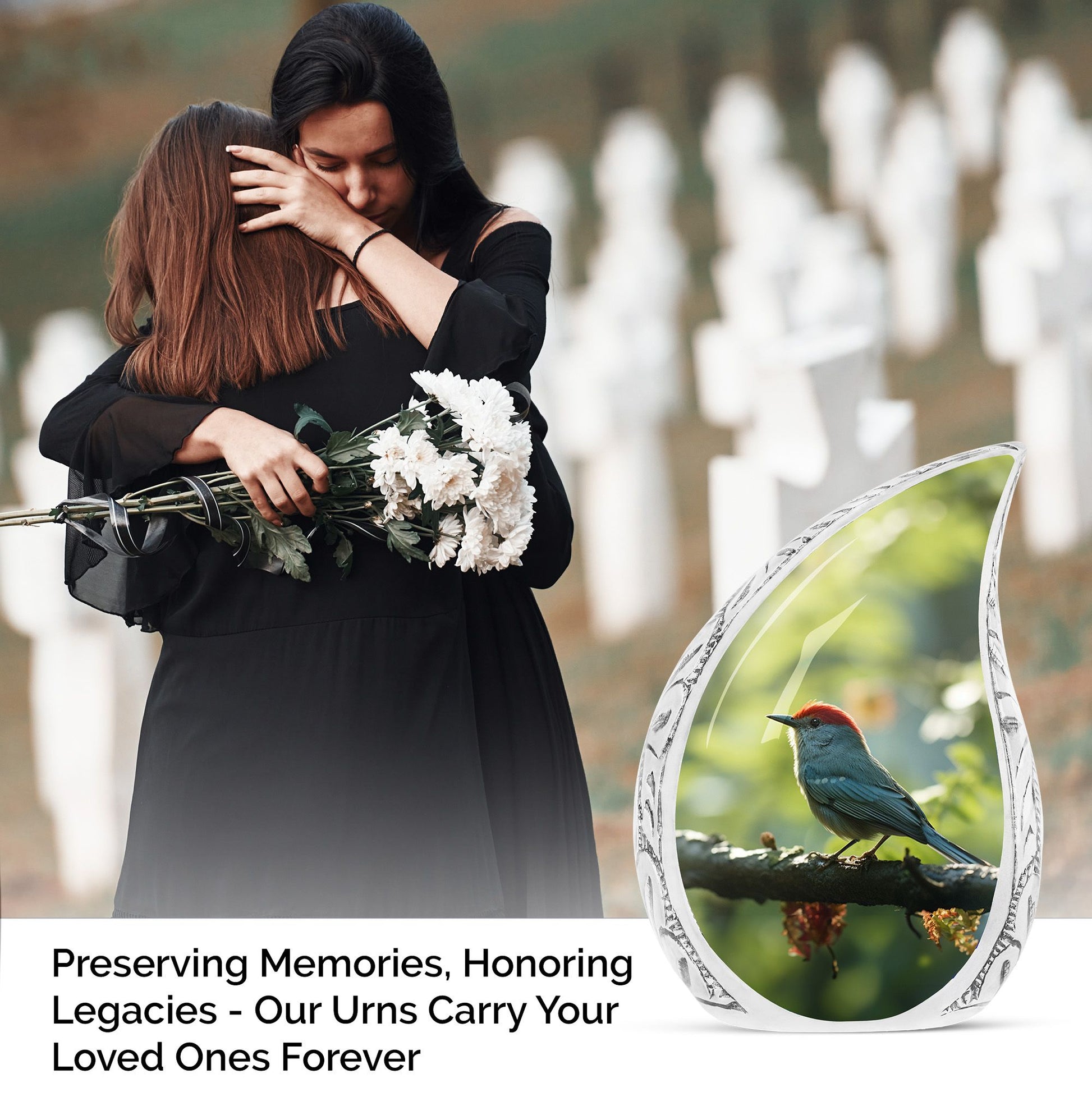 Large urn designed with a red sparrow on a branch theme, ideal for storing adult female human ashes