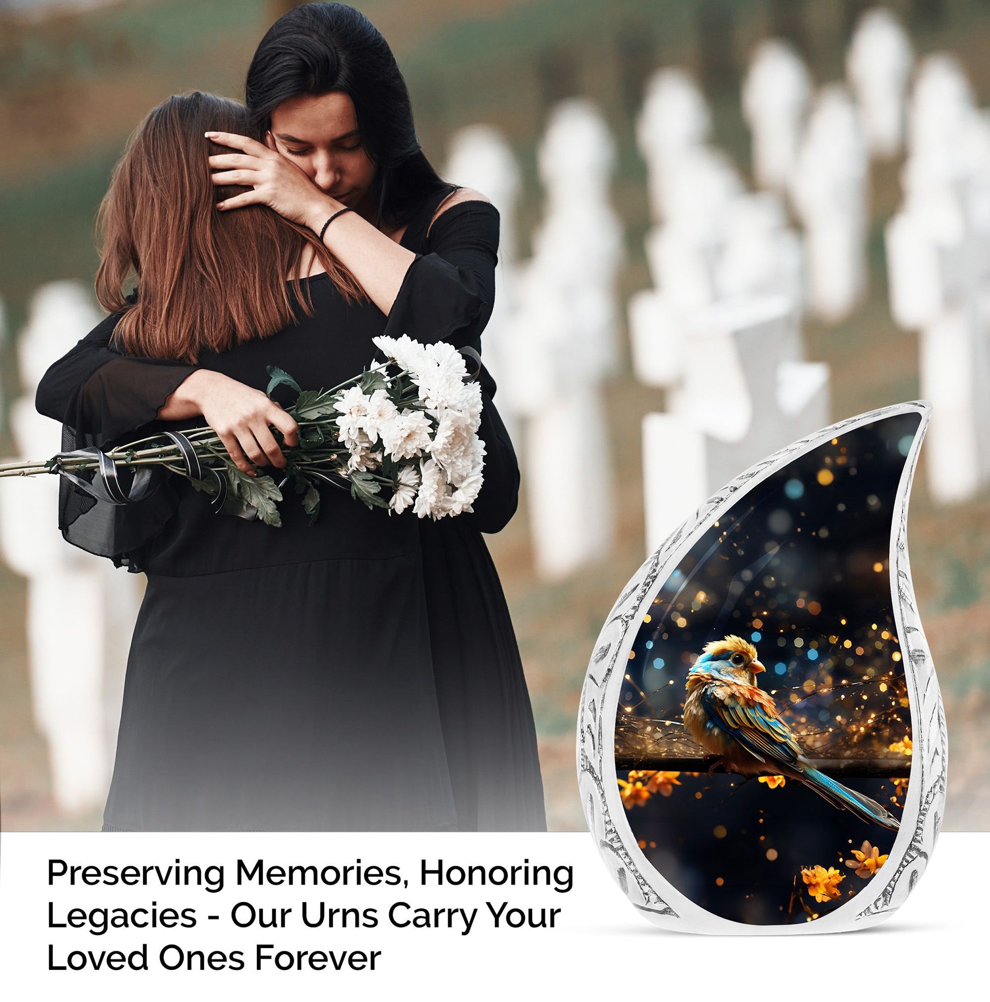 Large cremation urn with yellow sparrow and yellow flower design, ideal for adult female human ashes burial