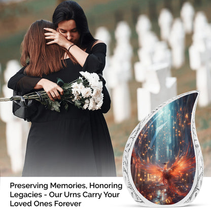 Fire Red Phoenix spreading wings on a large cremation urn suitable for adult male ashes