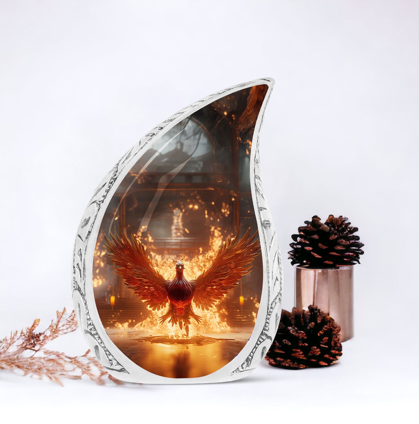 Large Phoenix themed cremation urn, showing a red phoenix spreading wings amidst fire in palace, ideal ash holder for adults