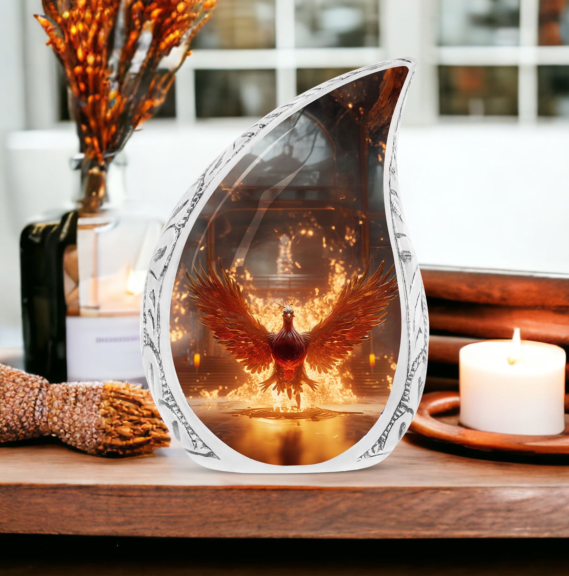 Large Phoenix themed cremation urn, showing a red phoenix spreading wings amidst fire in palace, ideal ash holder for adults