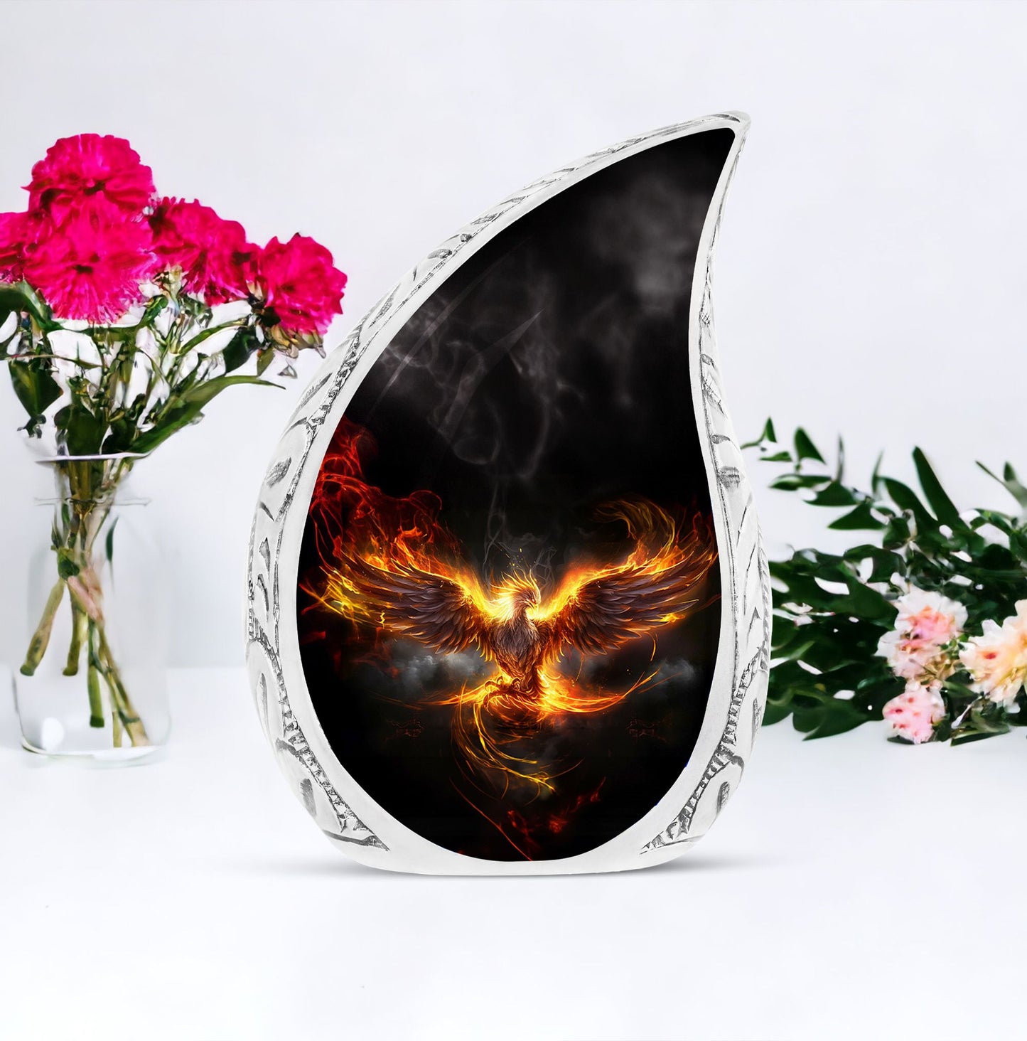 Large Phoenix Urn featuring an angry Phoenix spreading wings in fire, suitable for adult human ashes, suitable for both men and women
