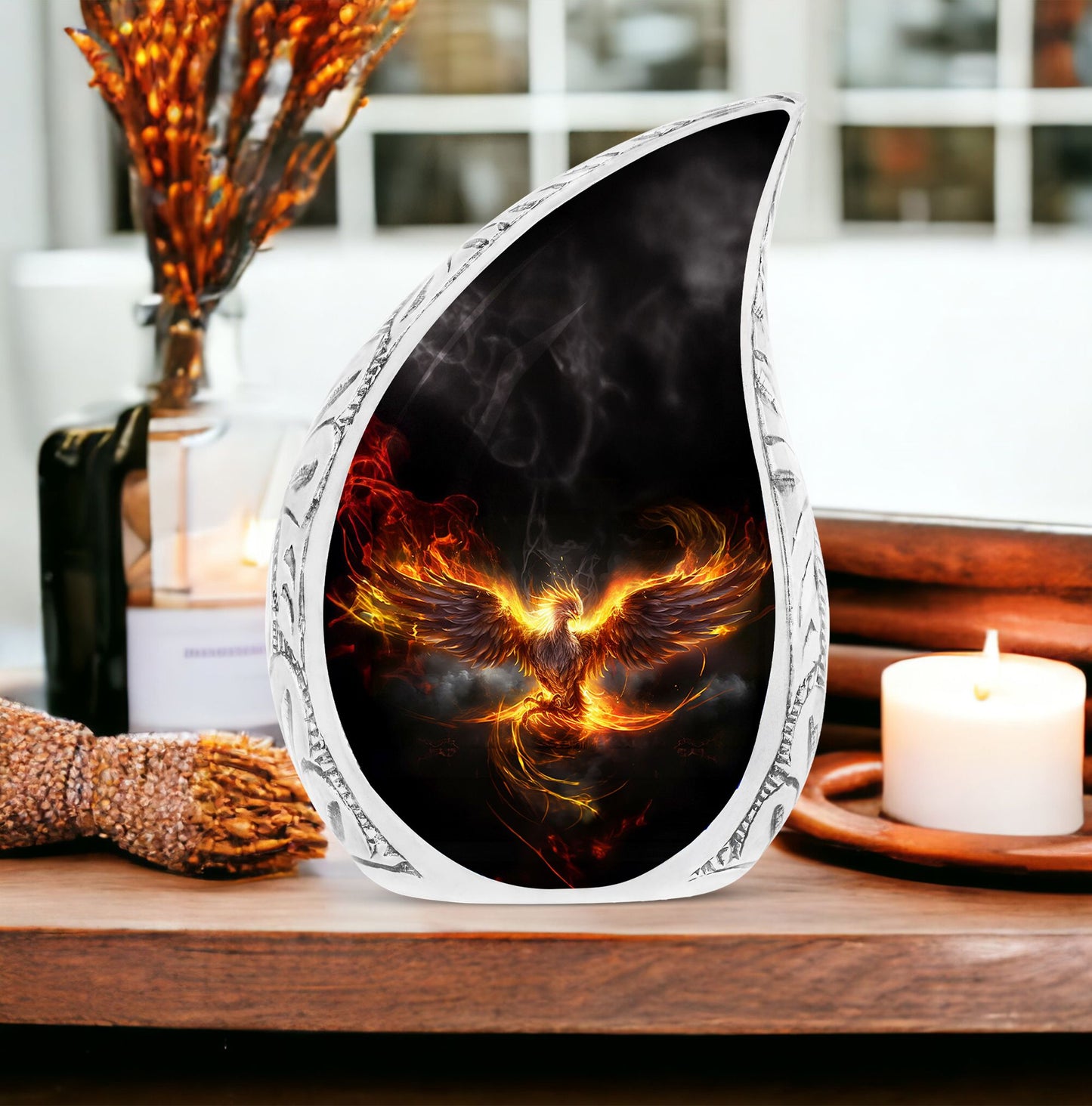 Large Phoenix Urn featuring an angry Phoenix spreading wings in fire, suitable for adult human ashes, suitable for both men and women