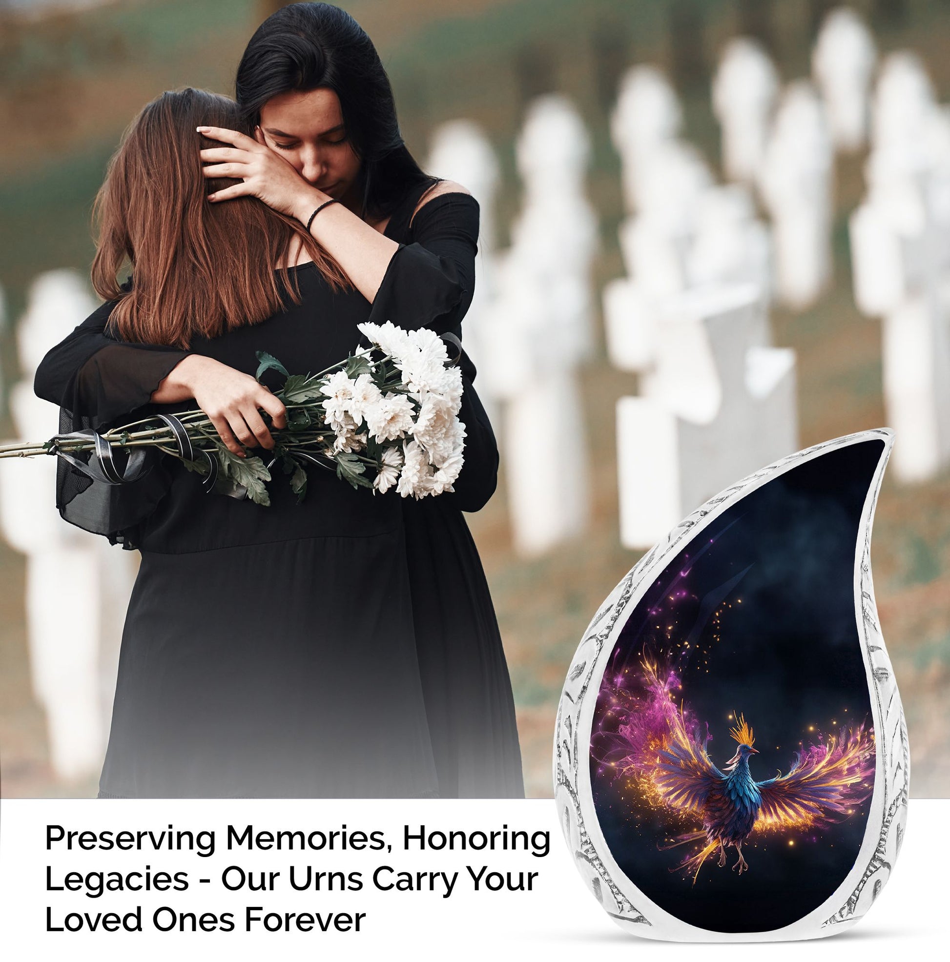Vivid Phoenix-themed large urn for adult ashes, ideal for both men and women
