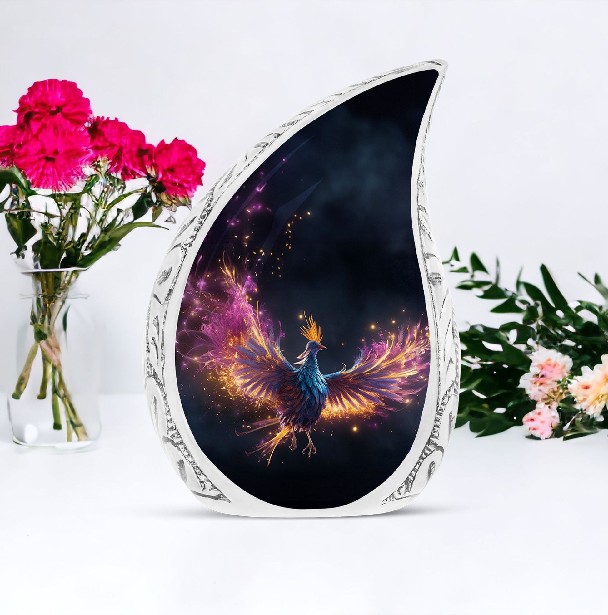 Vivid Phoenix-themed large urn for adult ashes, ideal for both men and women