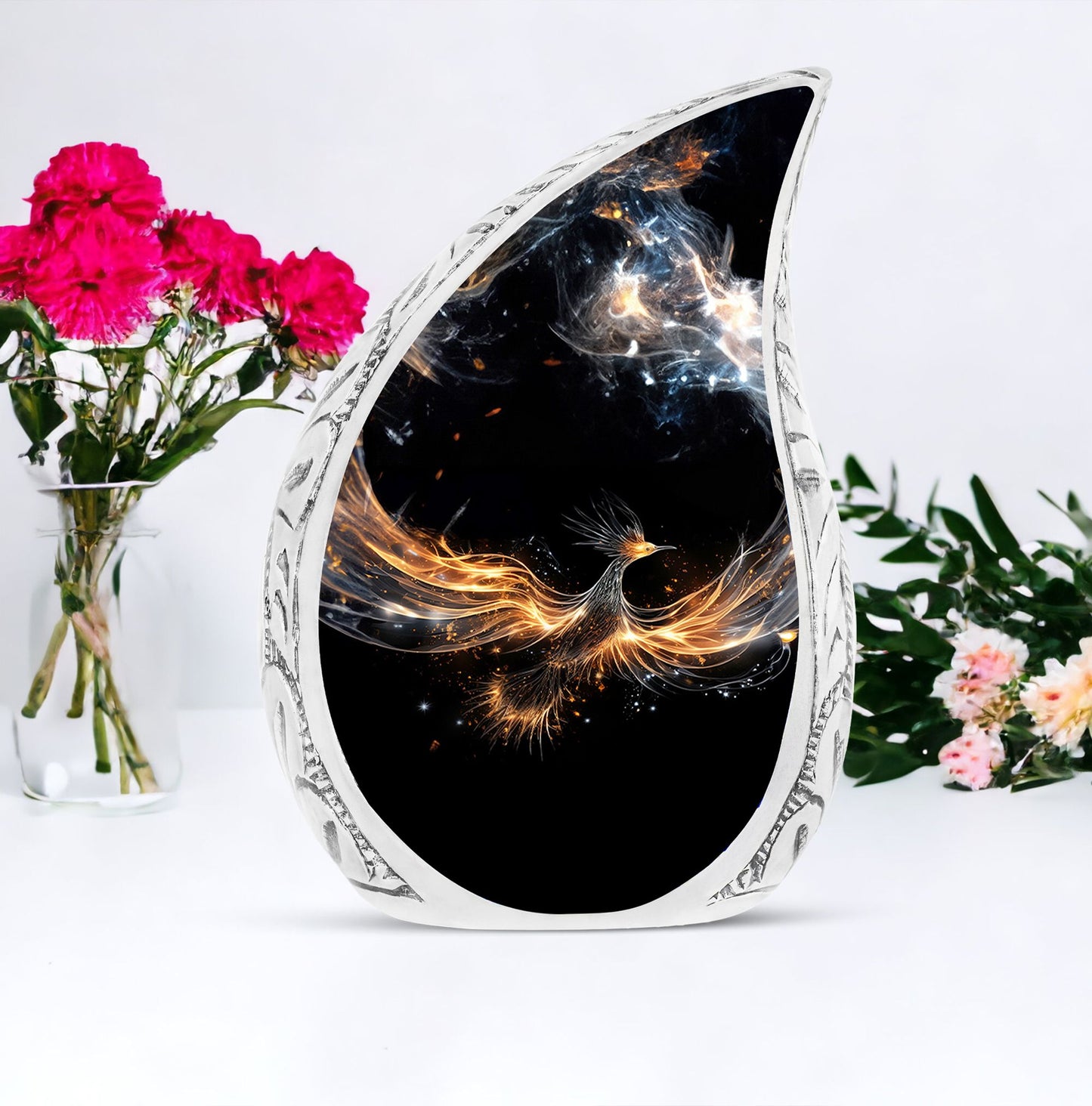 Large, decorative urn styled as a shining phoenix spreading its wings, ideal for human ashes