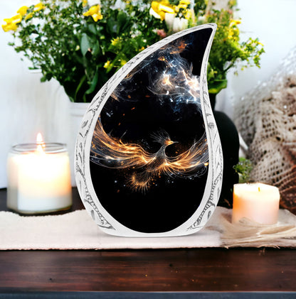 Large, decorative urn styled as a shining phoenix spreading its wings, ideal for human ashes