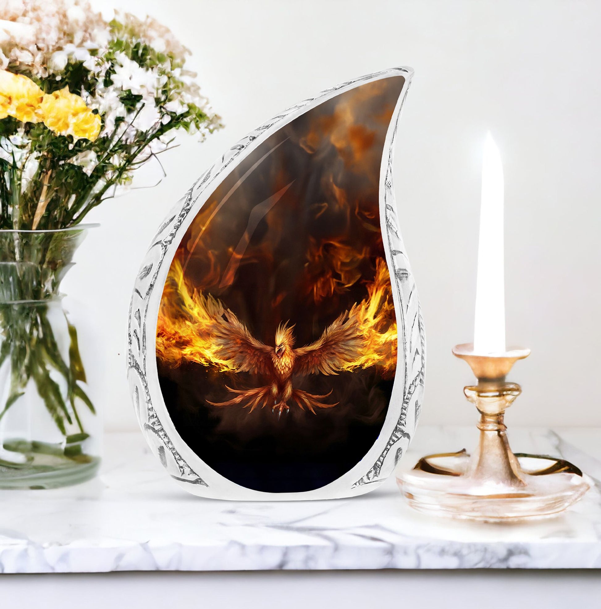 Large phoenix urn for cremation ashes, symbolizing the bird spreading wings within fire, suitable for human ashes