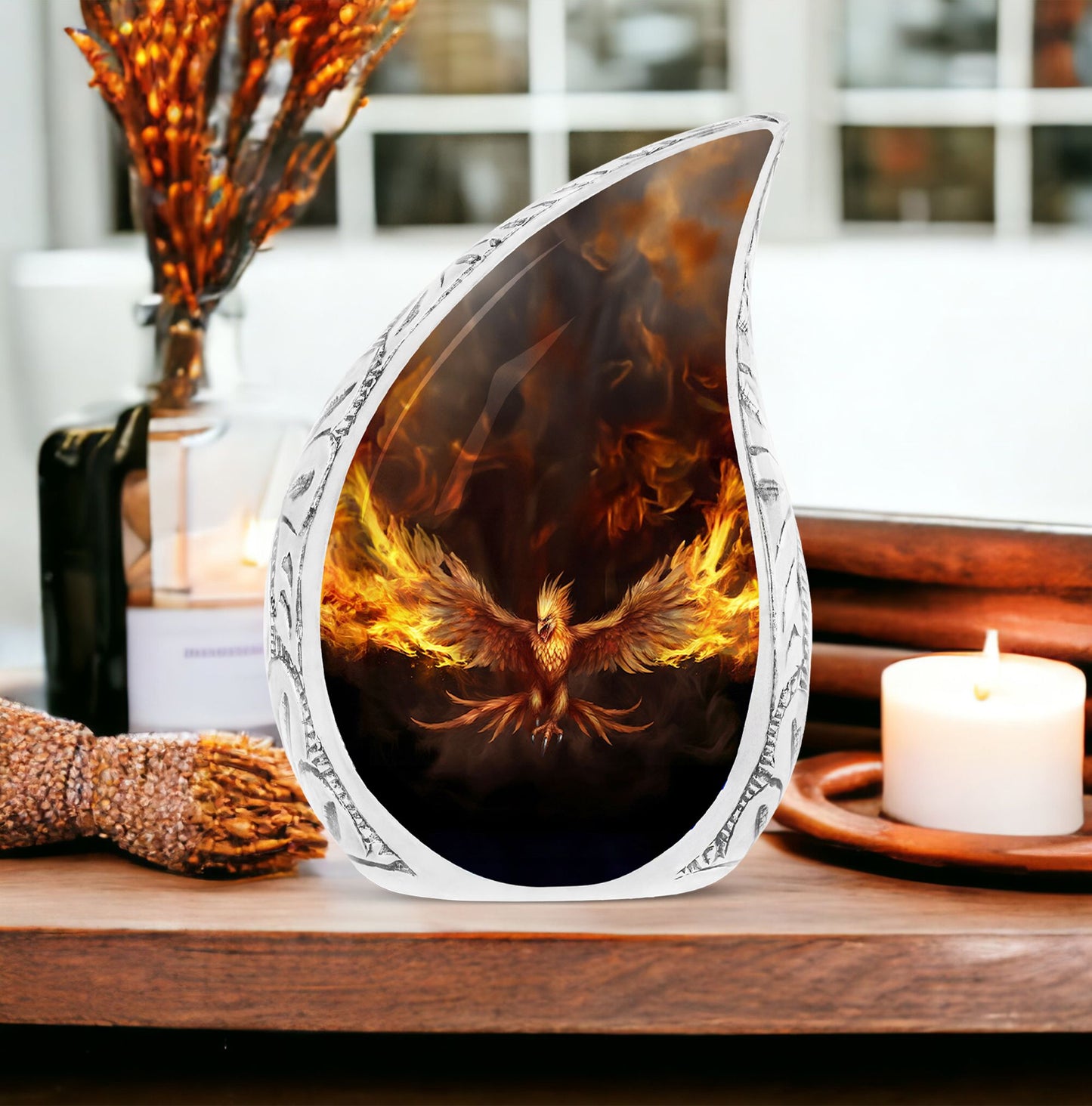 Large phoenix urn for cremation ashes, symbolizing the bird spreading wings within fire, suitable for human ashes