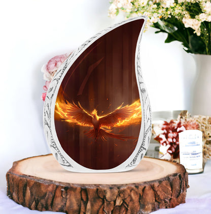 Phoenix themed large metal urn spreading yellow fire wings, designed for adult human ashes burial