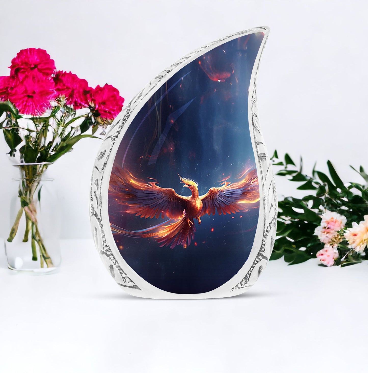 Large Phoenix Urns designed for burial, depicted in vibrant red and blue fire, ideal for storing adult human ashes in an artistic and decorative manner.