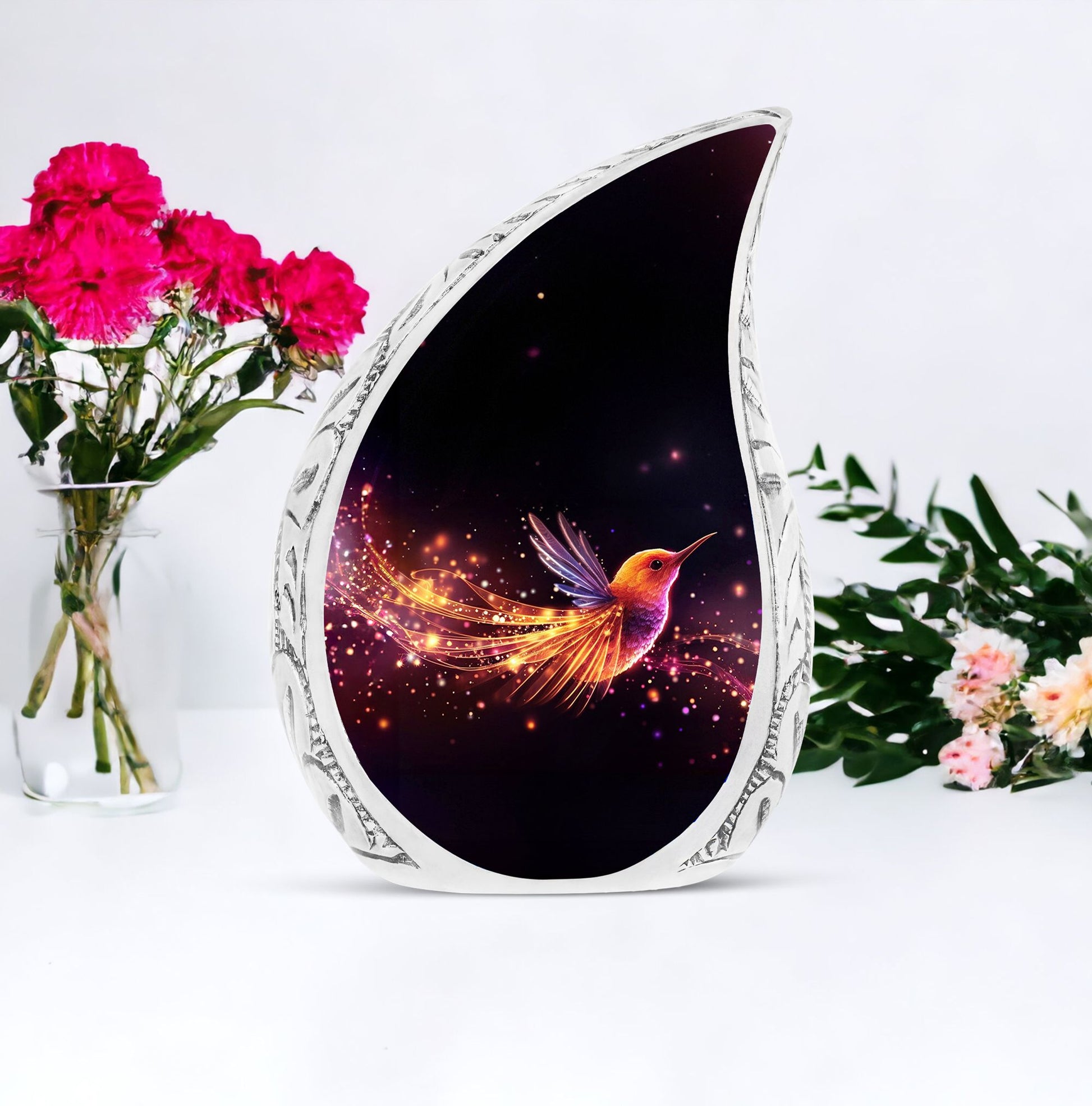 Large, colorful Sparrow urn for adults, ideal for preserving ashes in a dignified, memorial manner.