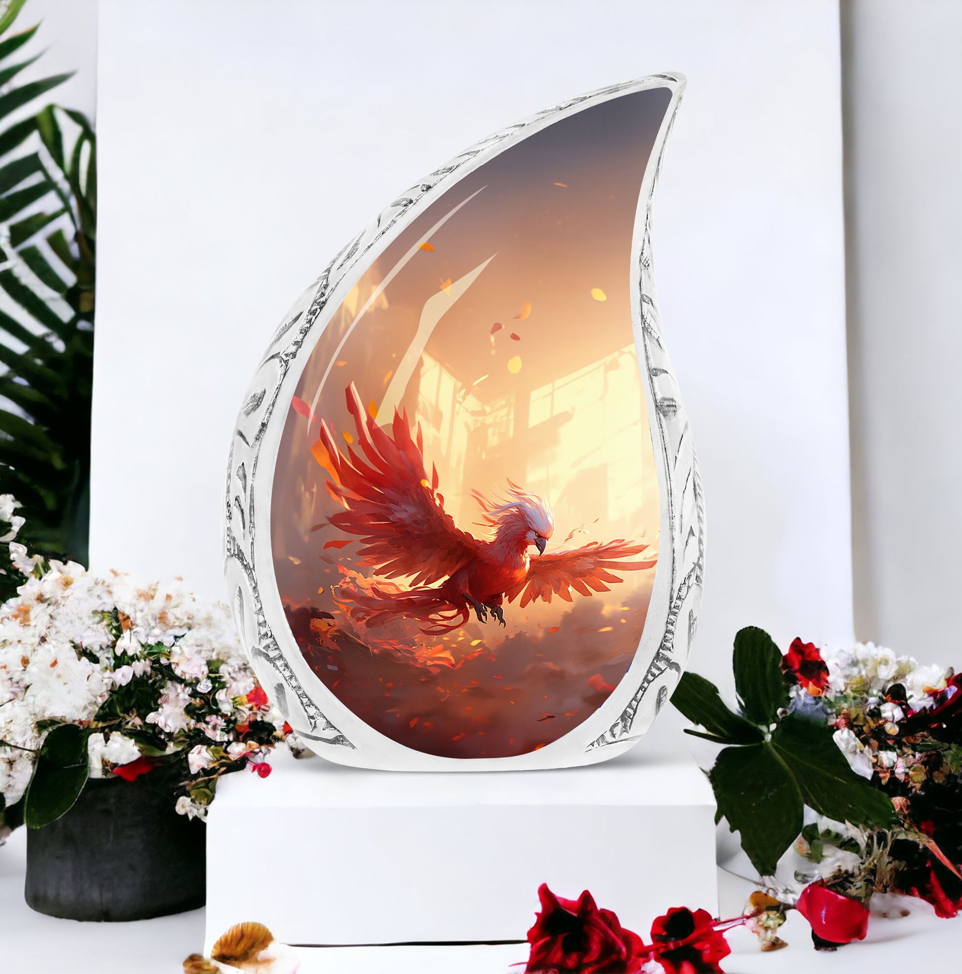 Large Red and White Phoenix Urn, ideal for adult male ashes, made from durable metal